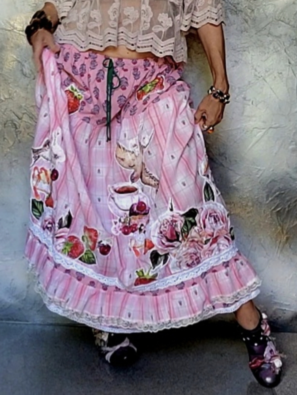 Maxi Skirt Vintage Lace Cottage European Cotton Tea Cup Rose Bird